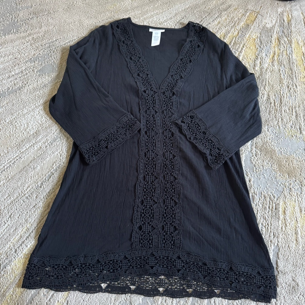 La Blanca black swim coverup Island Fare V-Neck Tunic cotton crochet XL - Picture 4 of 13